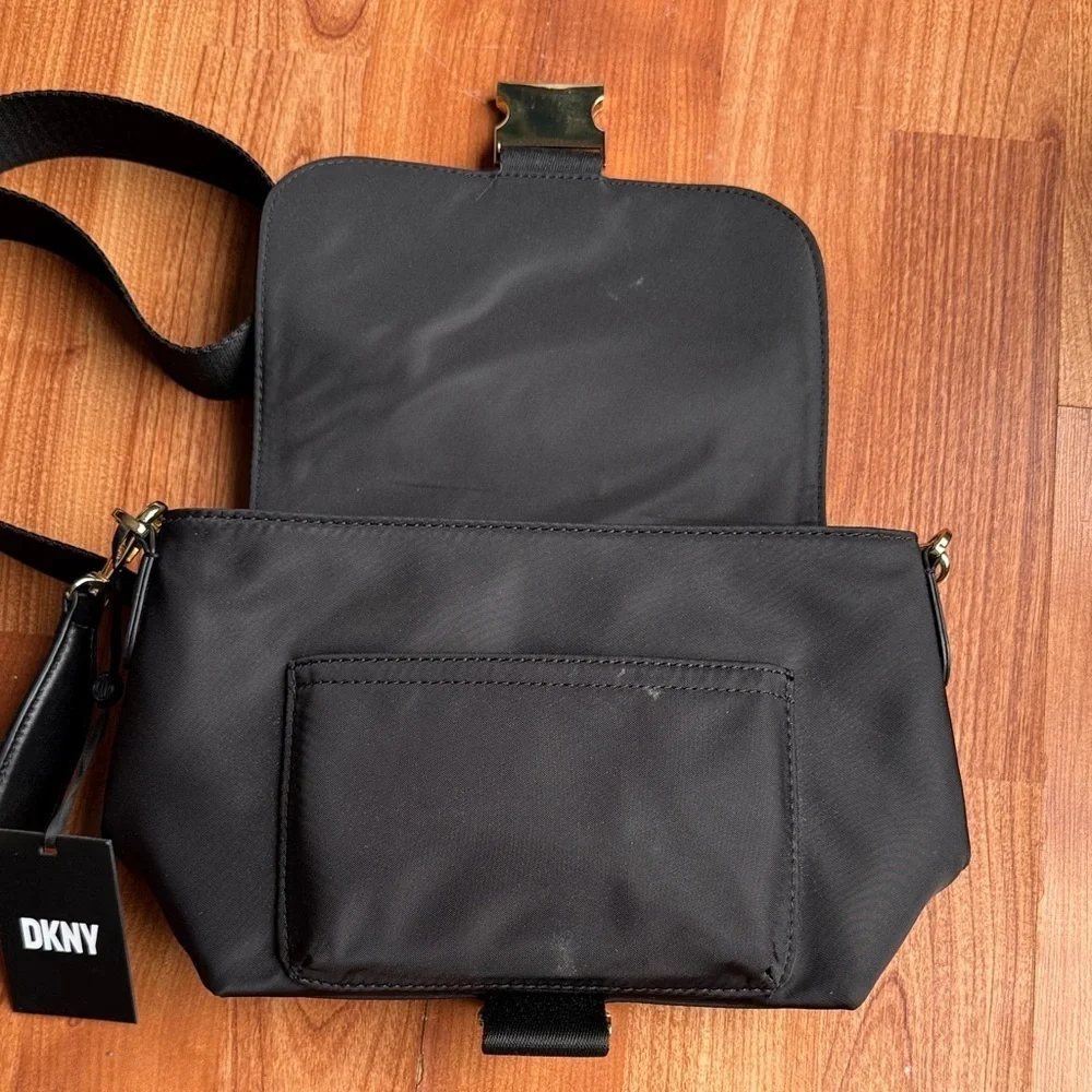 NWT DKNY Black Yugo Crossbody Bag Donna Karan New York Designer Gold Buckle Chic